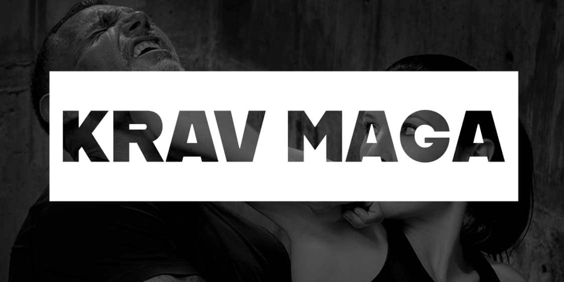 krav maga knockout letters woman striking man